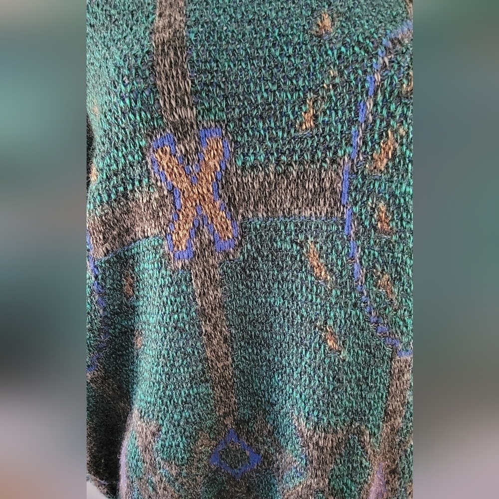 Vintage 80s Bachrach Sweater Green Blue Gold Crew Neck Wool Blend L XL Unisex - Picture 2 of 3